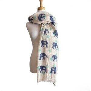 Look Collection Elephant Print Scarf Wrap Cream Blue Lightweight Fringe NWT